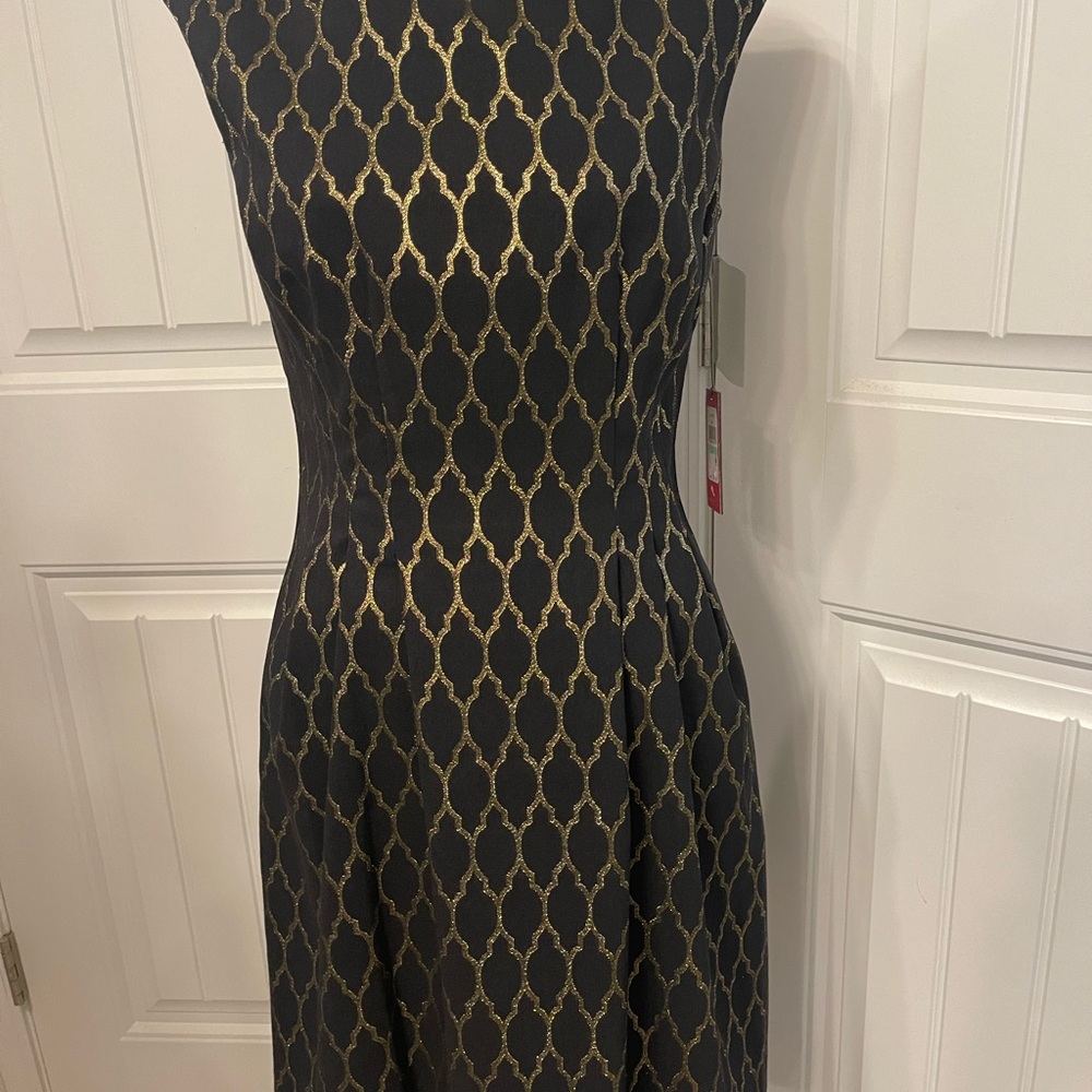 Vince Camuto Gold and Brown Sheath Midi Dress Mock Neck